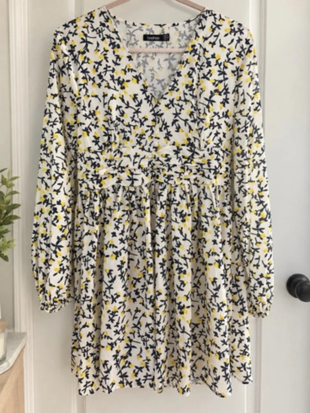 Boohoo White Floral Tie-Waist Kids Dress with Yellow & Navy Print